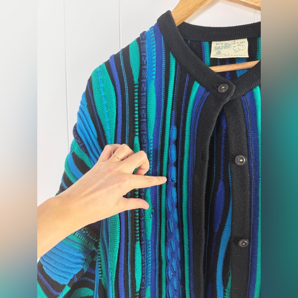 Vintage Striped Button-Front Unisex Sweater Cardigan - Blue/Teal - Picture 5 of 9